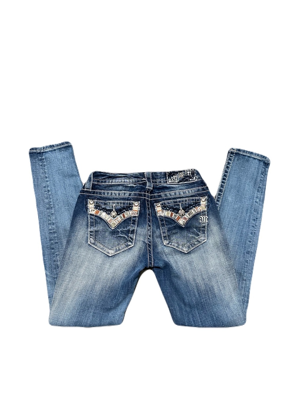 Miss Me Women 26 Mid-Rise Skinny Blue Distressed Thick Stitch Denim Jeans
